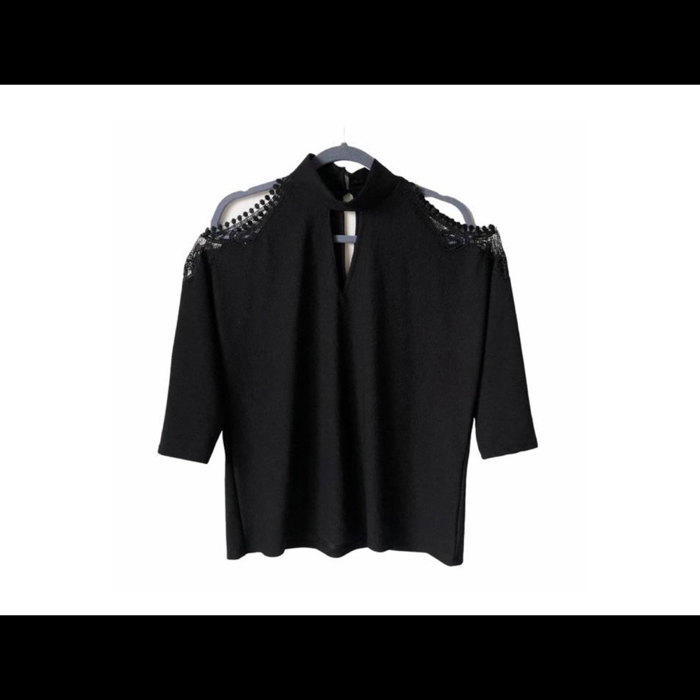 Black Crochet Lace Trim Open Shoulder Blouse